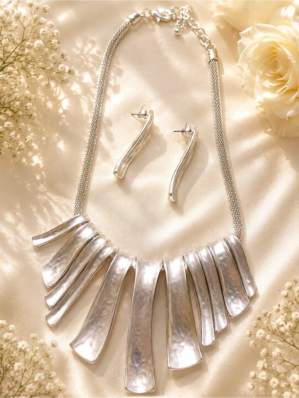 Classic Silver Statement Necklace & Earrings Set